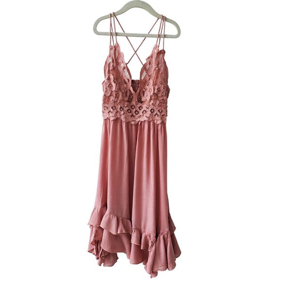 Free People One Adella Slip Dress Rose Pink Boho Lace Crochet Lacey XS - Picture 4 of 16